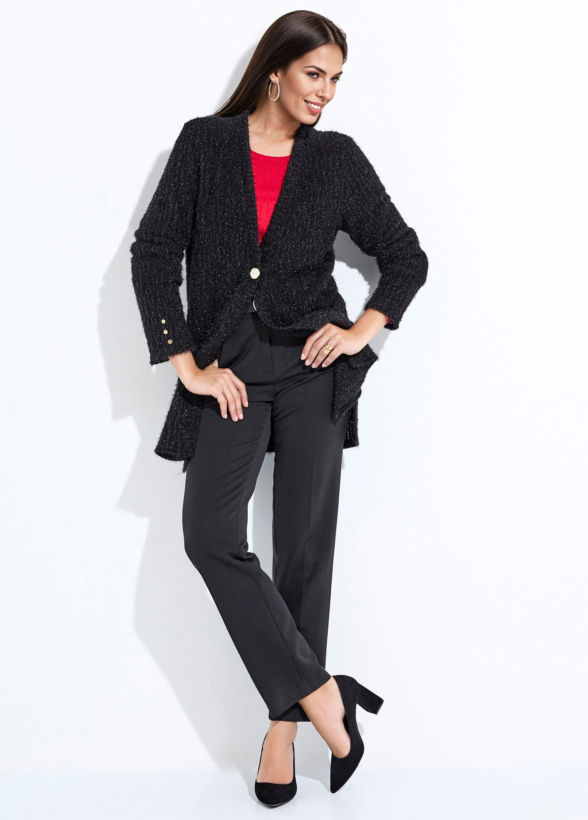 Long_loose_V-neck_cardigan_with_raised_shimmering_knit_Black_SF1_slim