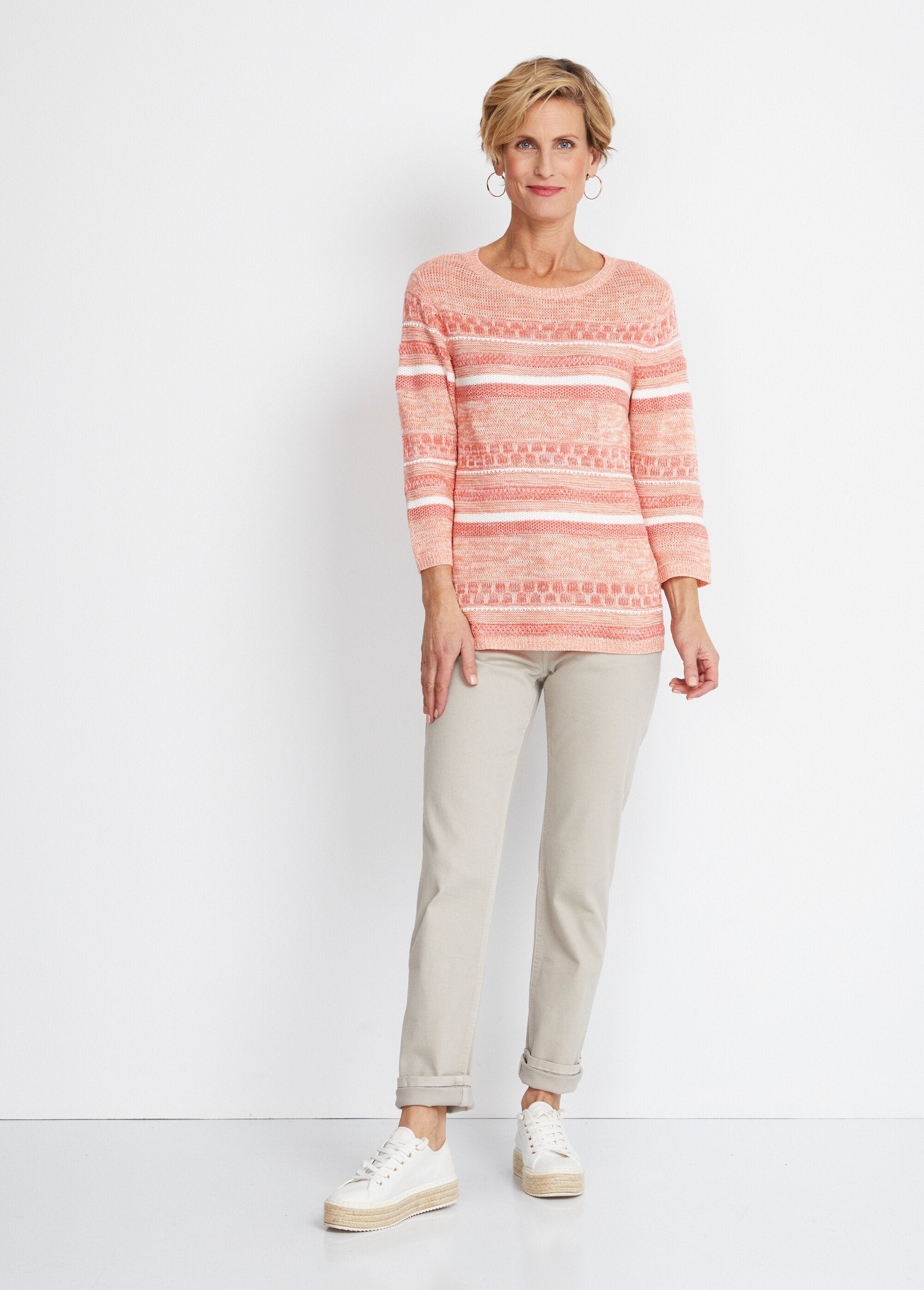 Striped_effect_3/4_sleeve_sweater_Apricot_SF1_slim