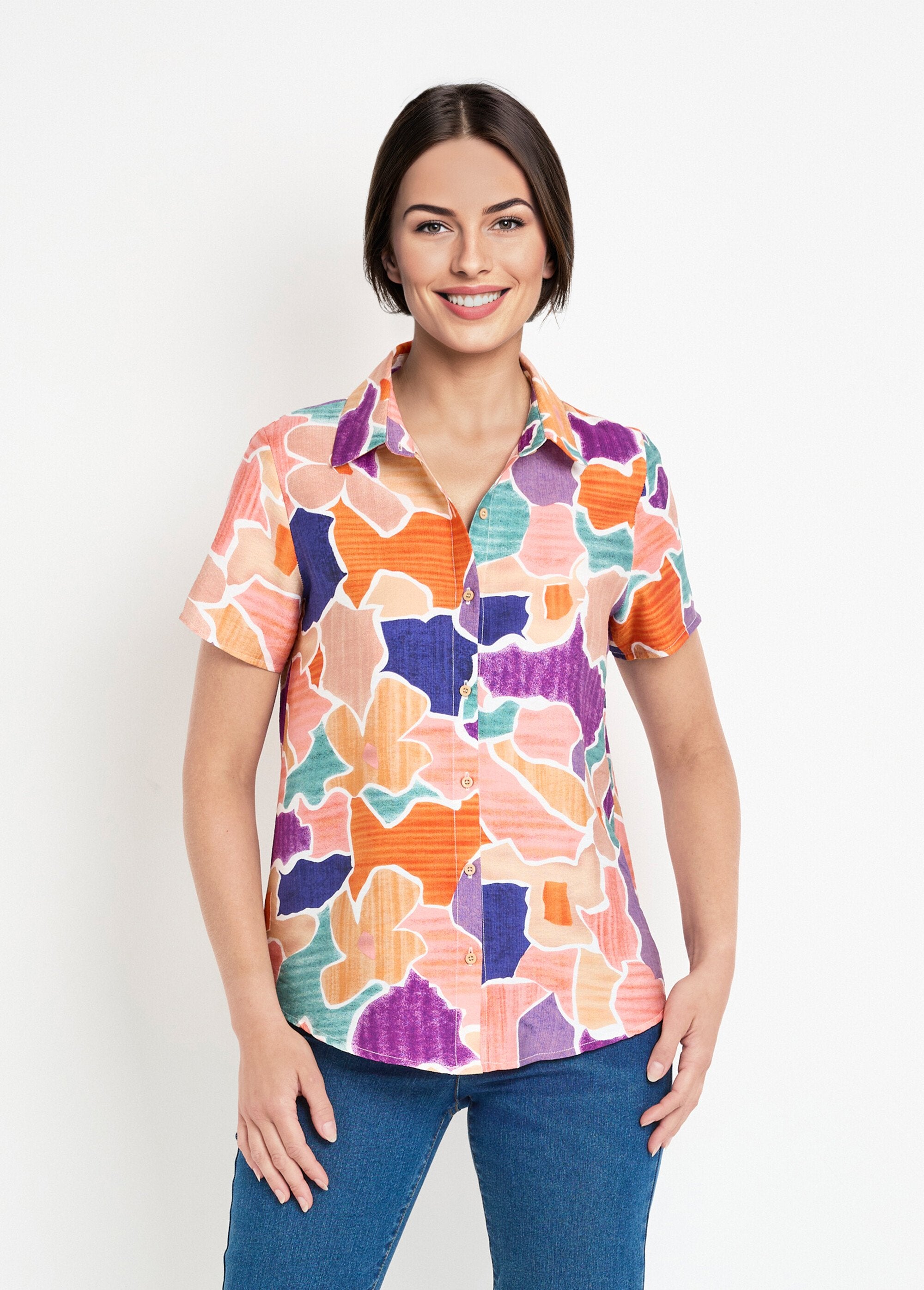 Short-sleeved_abstract_pattern_blouse_Orange_and_purple_FA1_slim