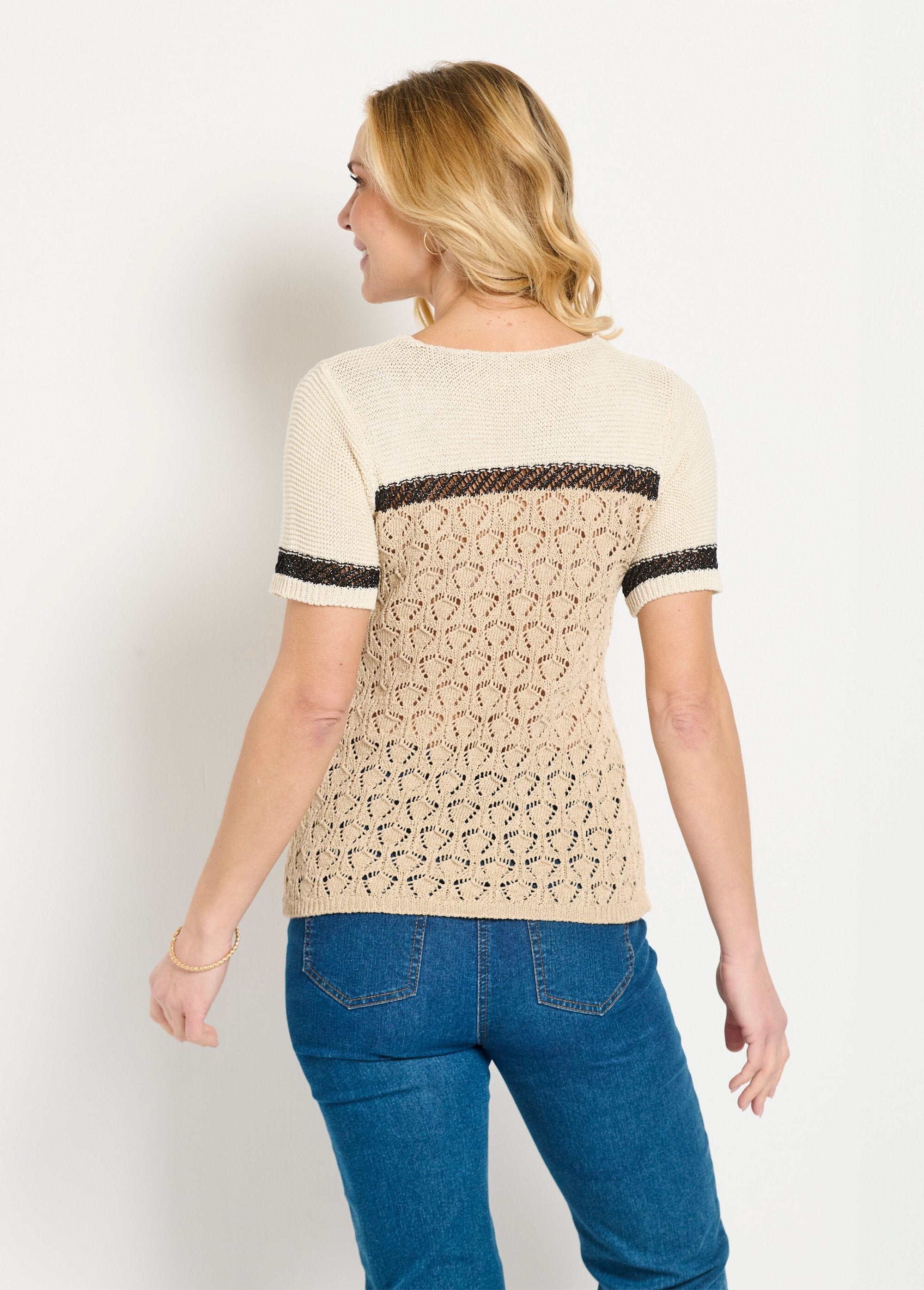 Soft_shiny_short_sleeve_round_neck_sweater_Beige_and_black_DO1_slim