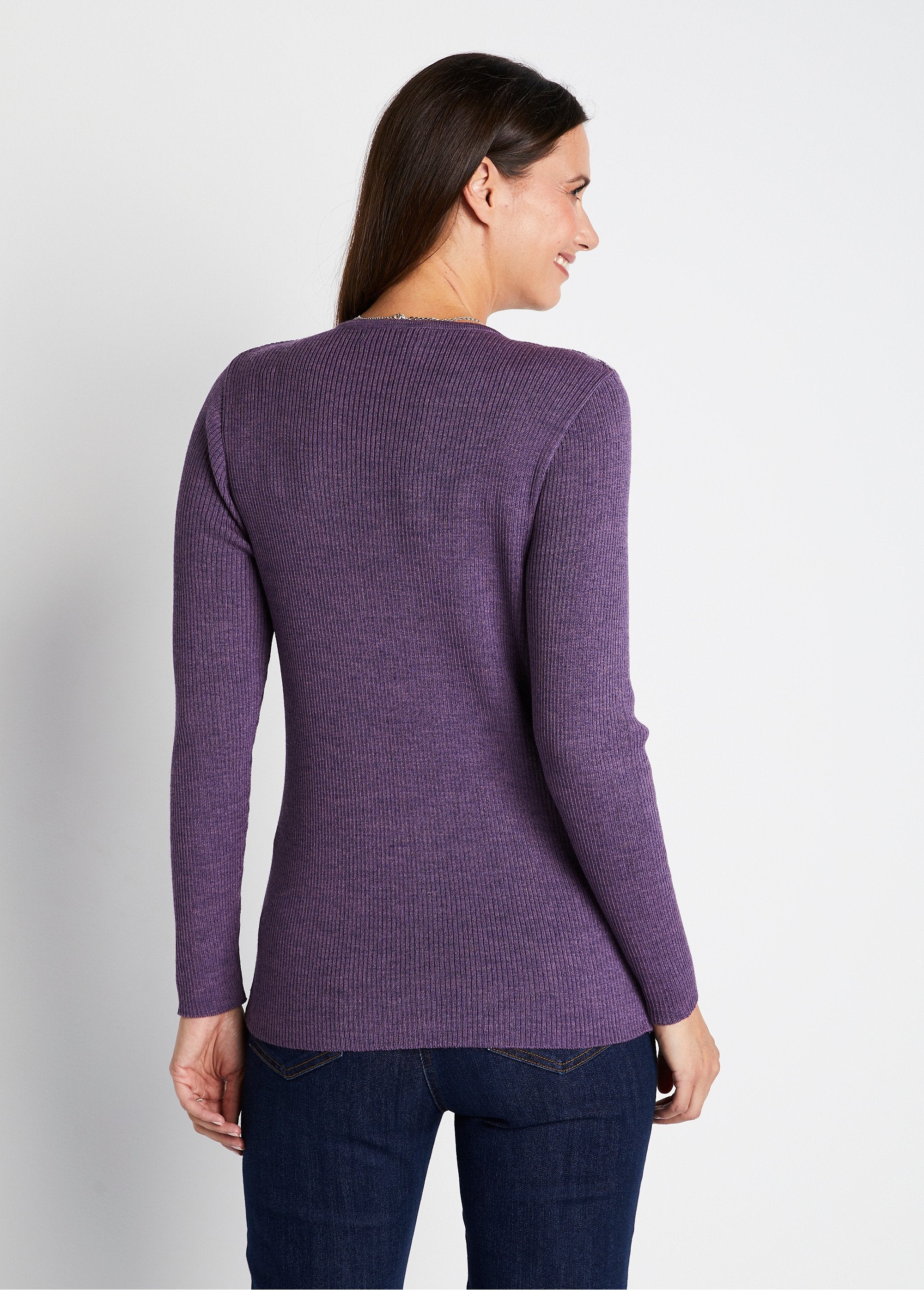 Tunisian_neckline_sweater_with_merino_wool_Plum_and_pink_stripes_DO1_slim