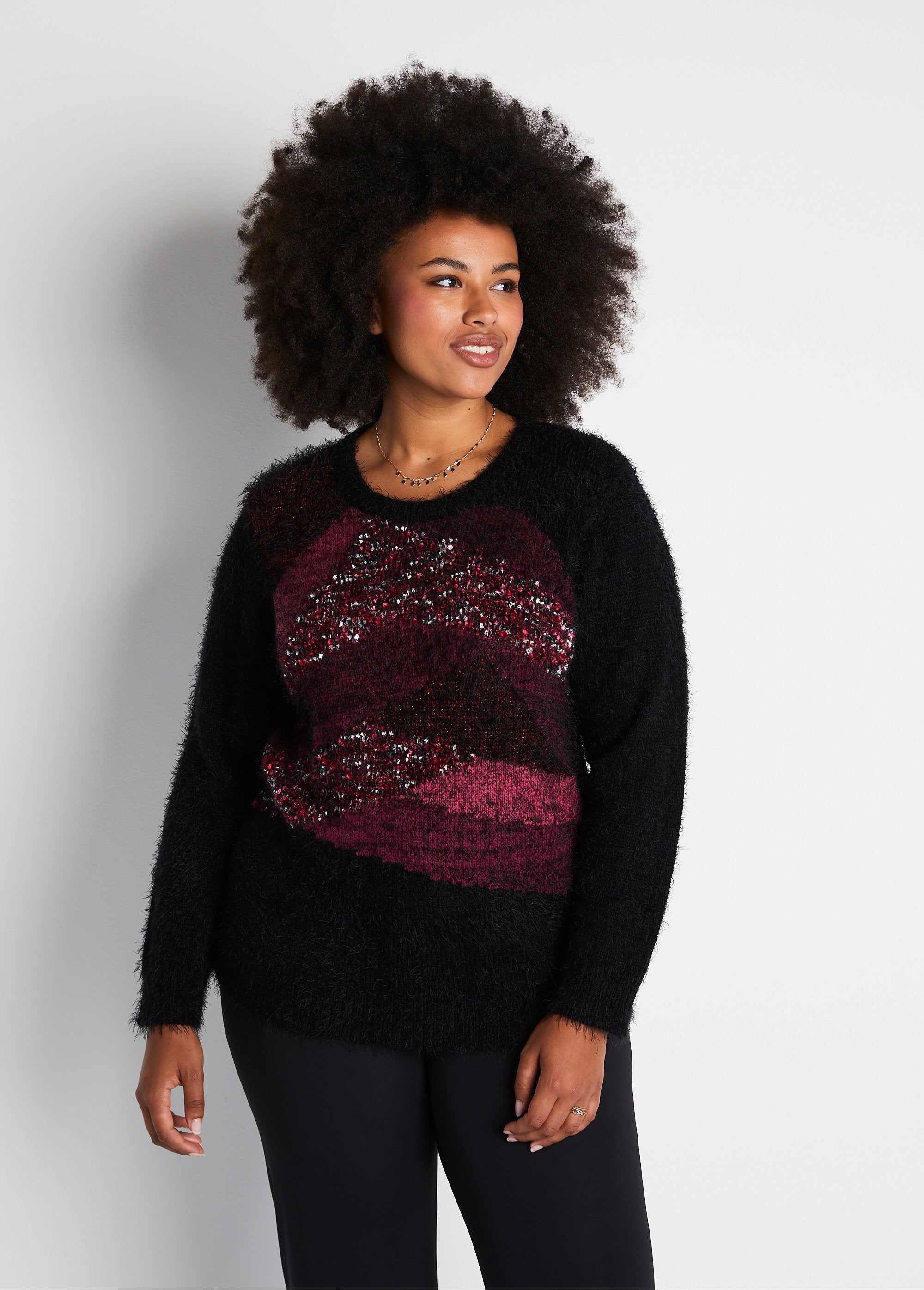 Round_neck_hairy_knit_jacquard_sweater_Red_FA1_curvy