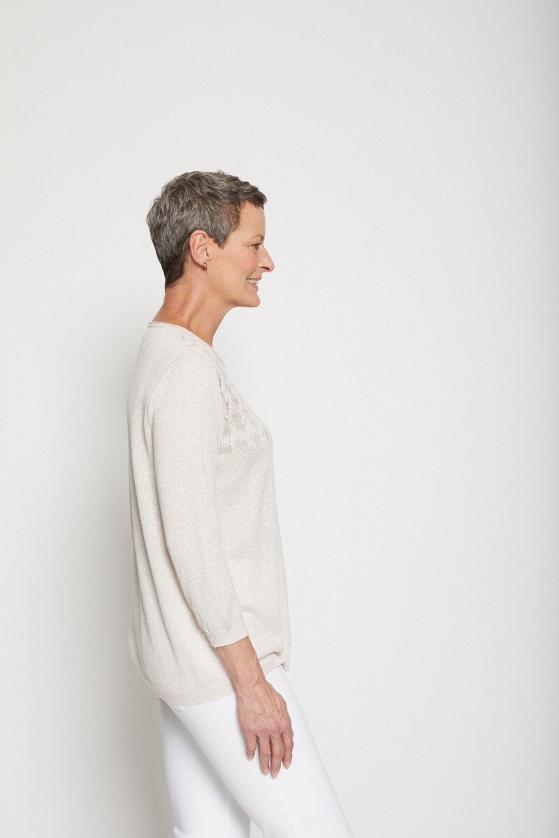 Pull_manches_3/4_maille_brillante_Beige_nacre_DR1_slim