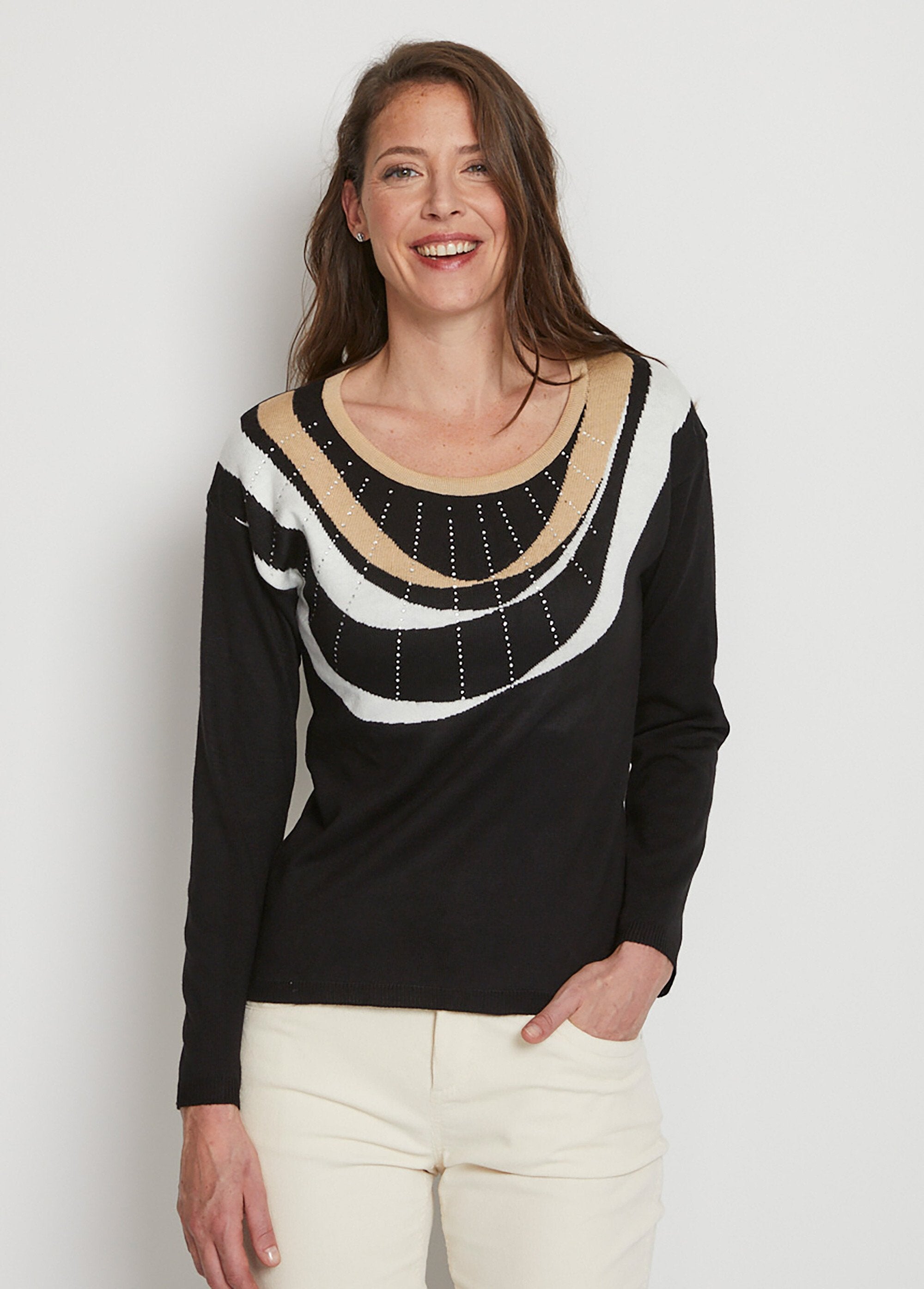 Short_rhinestone_jacquard_sweater_with_round_neck_Black_and_beige_FA1_slim