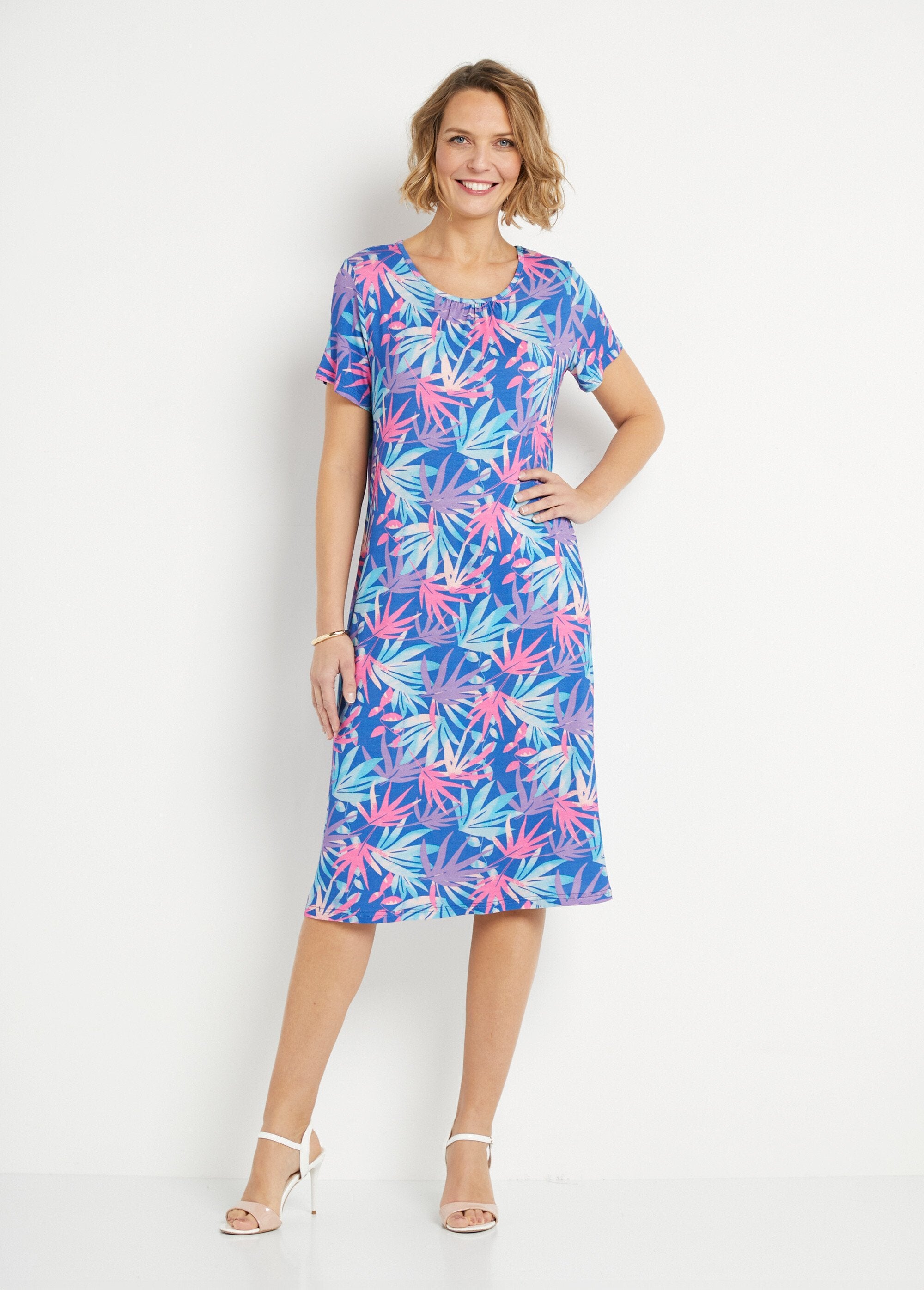 Short_straight_flared_dress_with_foliage_print_Blue_and_pink_FA1_slim