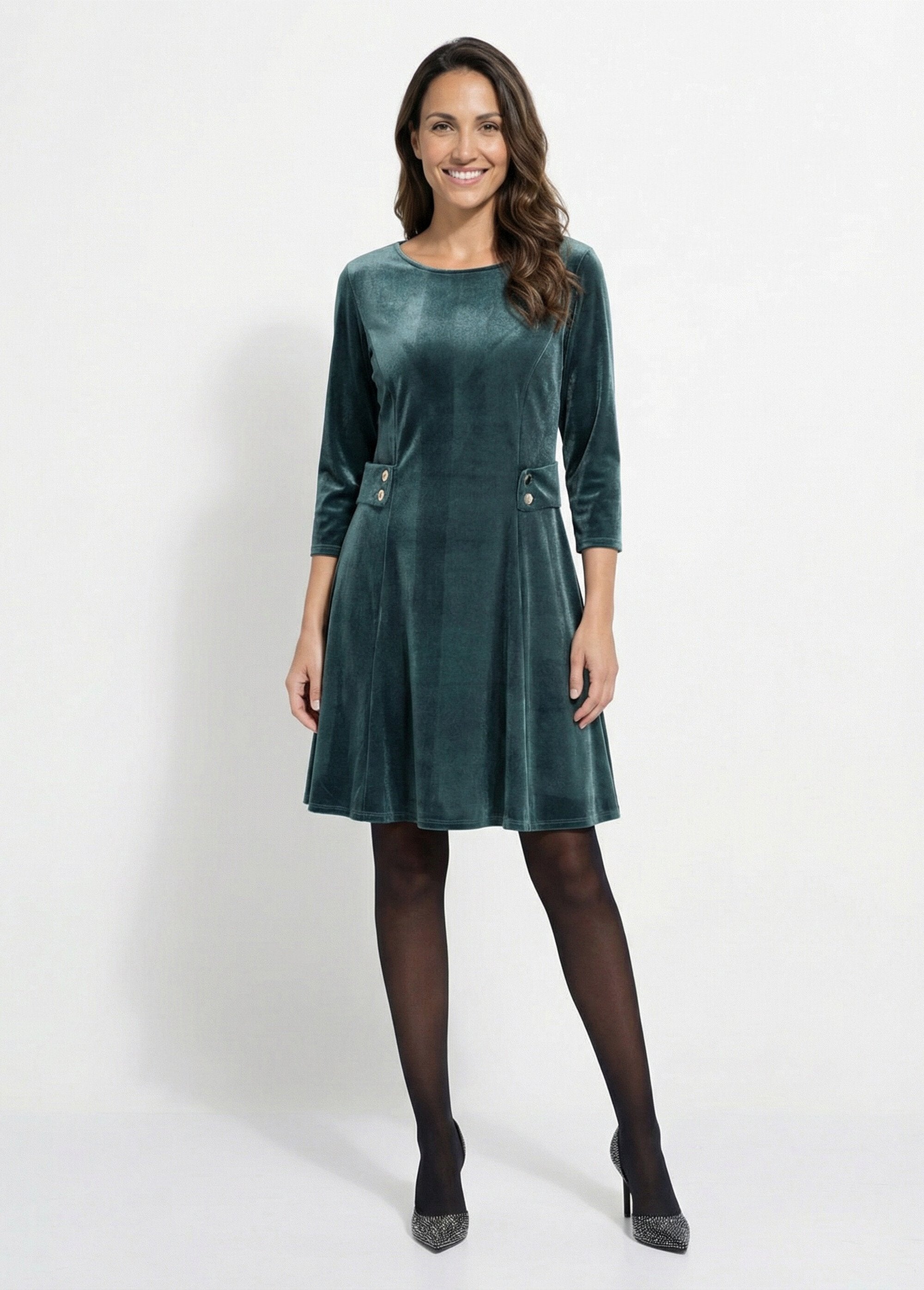 Velvet_dress_with_a_round_neck_and_defined_waist_Green_FA1_slim