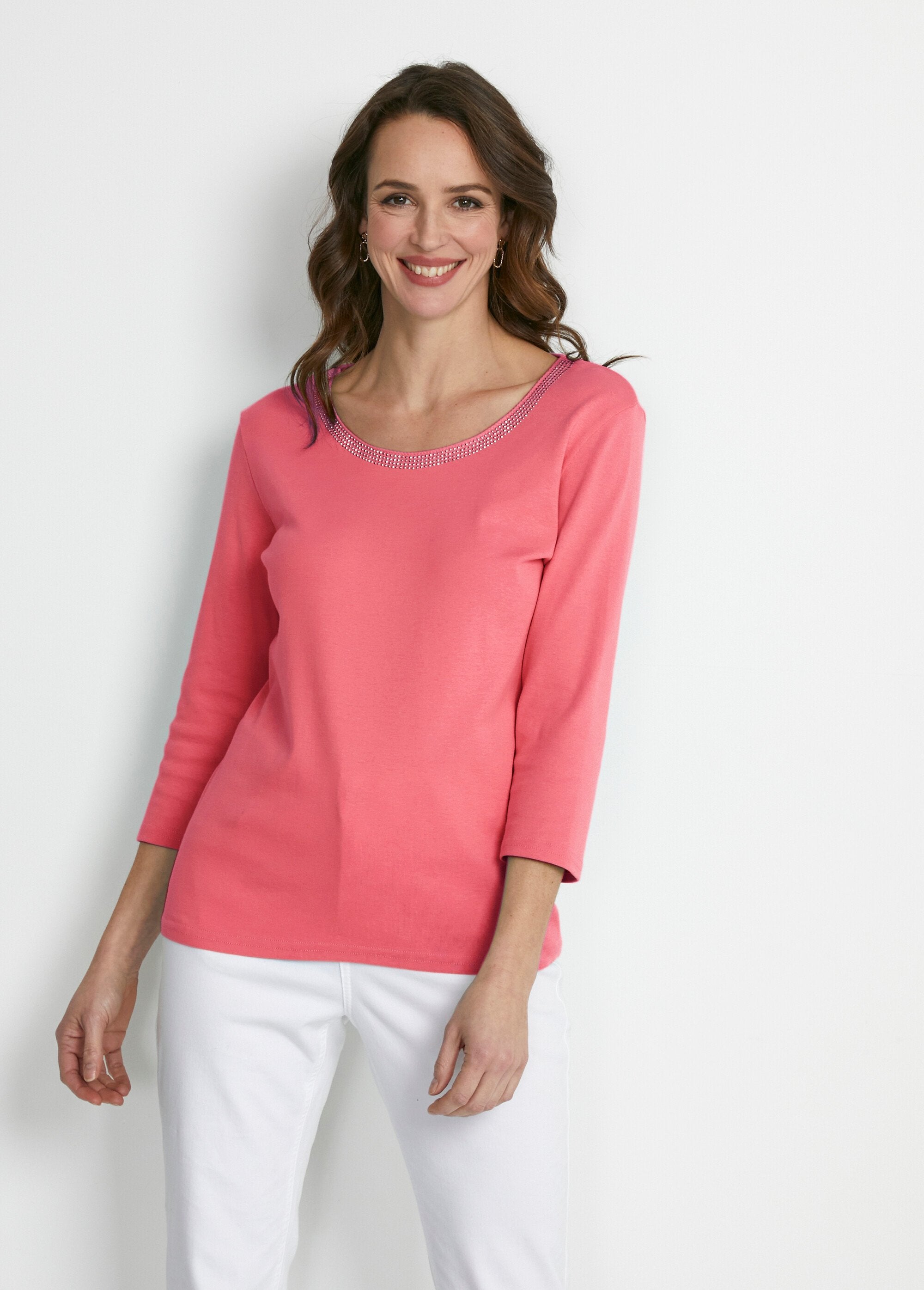 Fancy_studded_3/4_sleeve_T-shirt_Coral_FA1_slim